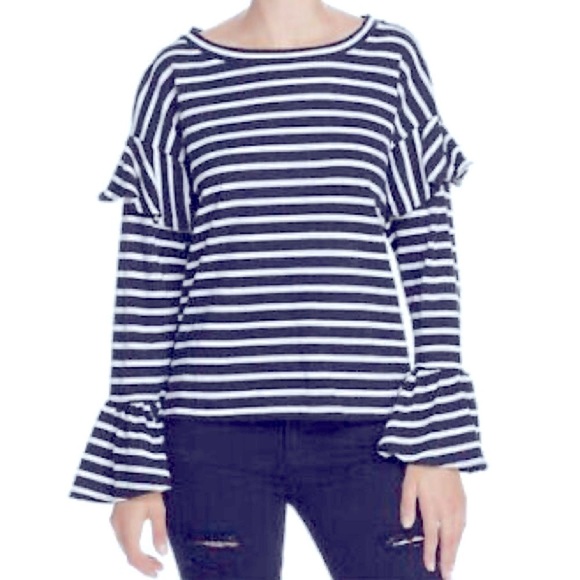 Sundry Striped Bell Sleeve Ruffle Shoulder Top in Navy & White Sz M - Picture 2 of 9